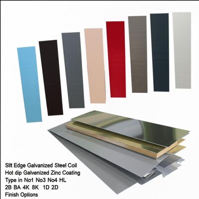 600-1500 मिमी चौड़ाई और No1 No3 No4 HL 2B BA 4K 8K 1D 2D फिनिश विकल्पों के साथ स्लिट एज हॉट डिप्ड गैल्वेनाइज्ड कॉइल
